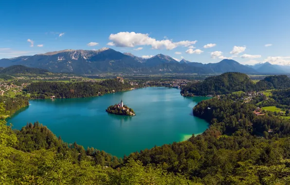 City, summer, mountains, clouds, Lake Bled, Slovenia, church, sunny