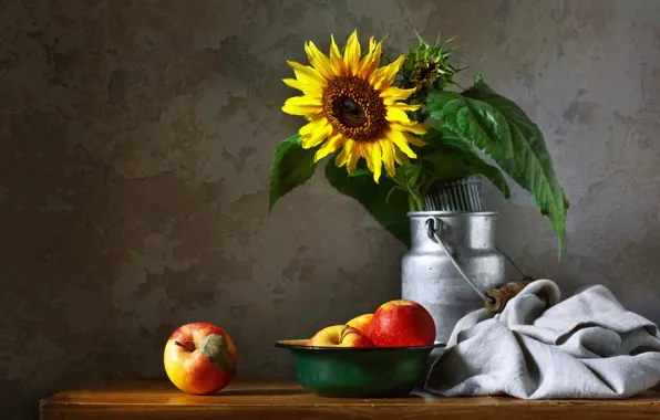 Flower, table, apples, sunflower, bouquet, dishes, fabric, bowl