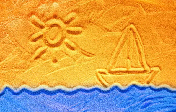 Picture sand, wave, the sun, figure, sailboat