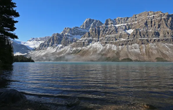Picture forest, water, snow, trees, mountains, fog, river, haze
