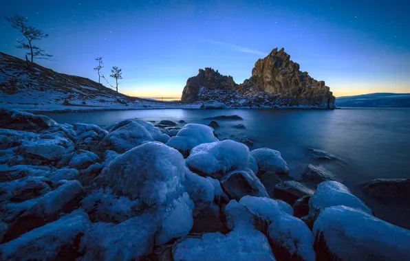 Ice, winter, the sky, stars, snow, lake, blue, stones