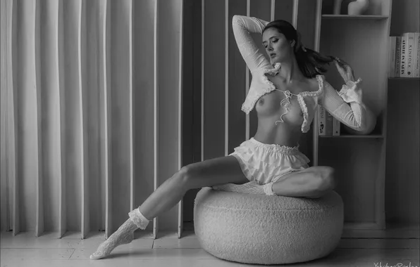 Chest, girl, pose, hands, black and white, legs, monochrome, poof