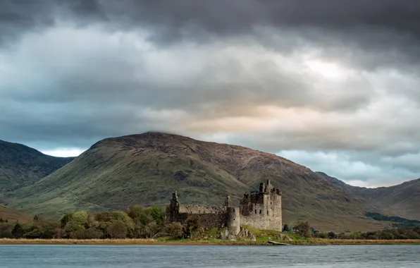 The sky, clouds, mountains, clouds, castle, overcast, shore, Scotland