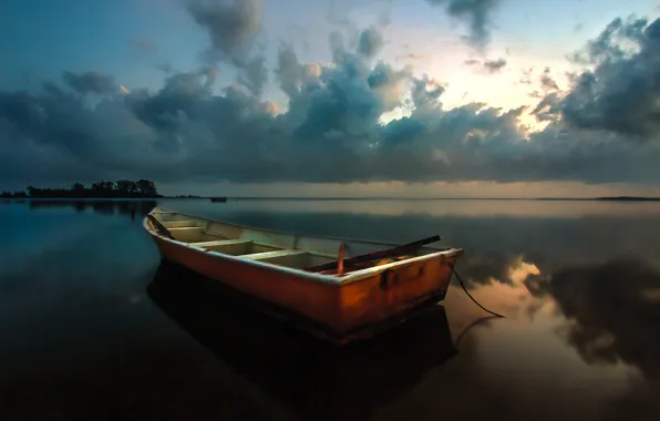 Picture clouds, dawn, boat, Bay