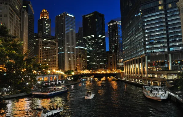 Night, the city, river, photo, home, skyscrapers, Chicago, USA