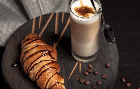 Glass, table, coffee, grain, Cocktail, milk, spoon, bag