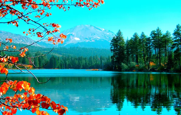 Picture autumn, the sky, leaves, trees, mountains, lake, color