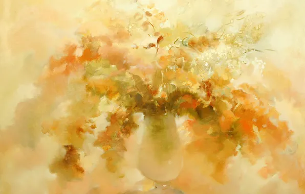 Autumn, flowers, vase, Still life, yellow background, Sfumato, gift painting, Petrenko Svetlana