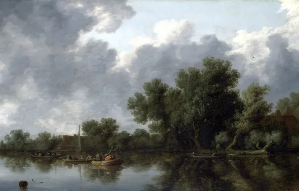 Landscape, boat, picture, Salomon van Ruysdael, Salomon van Ruisdael, River Scene