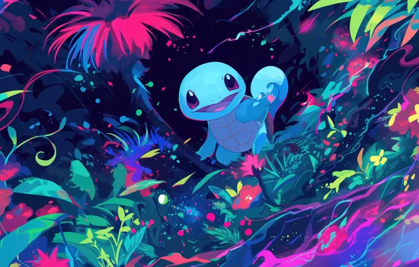 Smile, vegetation, neon, cutie, Pokemon, Pokemon, Squirtle, Squirtle