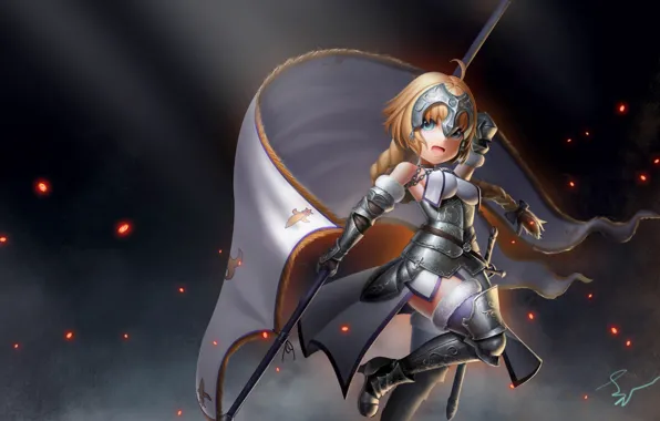 Stars, weapons, armor, Anime, Anime, bokeh, Woman Warrior, Fate Grand Order