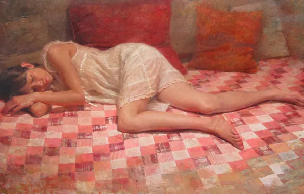 Girl, sofa, bed, pillow, art, sleeping, bed, lying