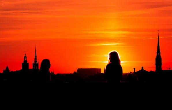The sky, girl, sunset, the city, tower, silhouette