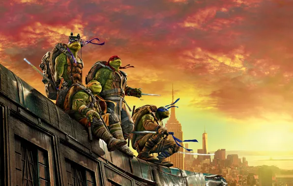 Picture roof, the sky, the city, weapons, dawn, fantasy, four, glow