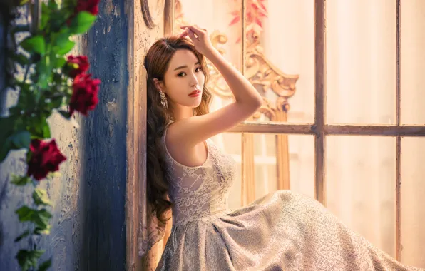 Look, girl, light, flowers, pose, wall, portrait, roses