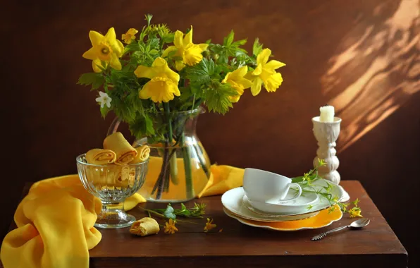 Light, flowers, table, food, candle, bouquet, yellow, cookies