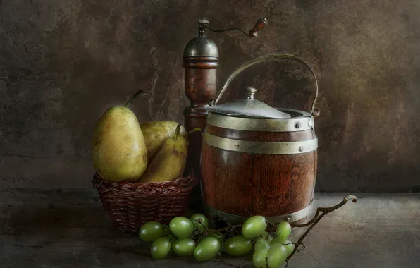 Fruit, still life, basket, barrel