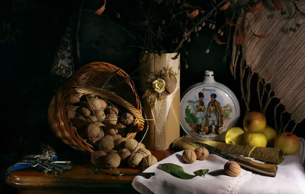 Branches, the dark background, bouquet, harvest, knife, fabric, vase, nuts