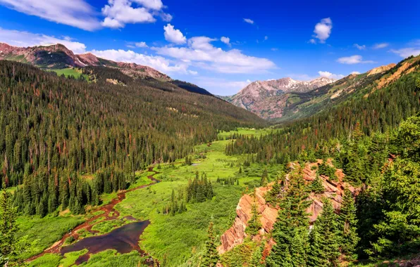 Clouds, trees, mountains, rocks, valley, Colorado, USA, river