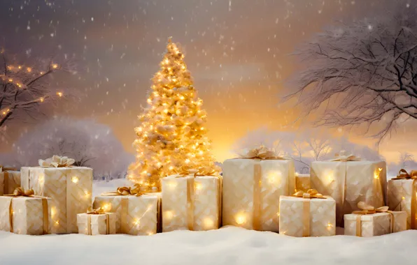 Winter, forest, snow, lights, lights, ate, Christmas, gifts