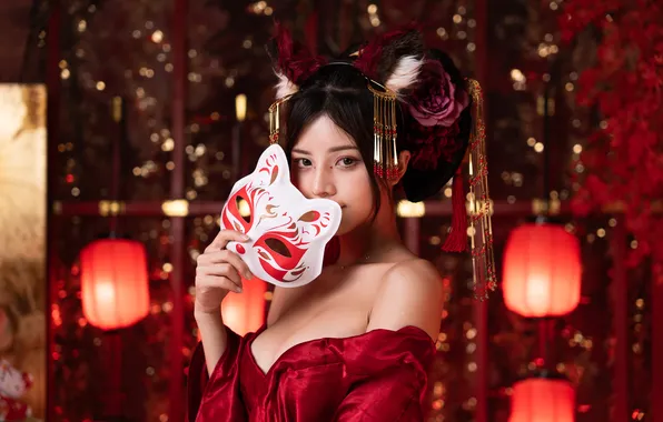 New year, mask, lights, neckline, Asian, cutie, asian, cutie