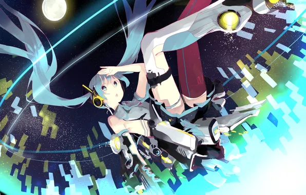 Picture the sky, girl, stars, night, the moon, art, vocaloid, hatsune miku