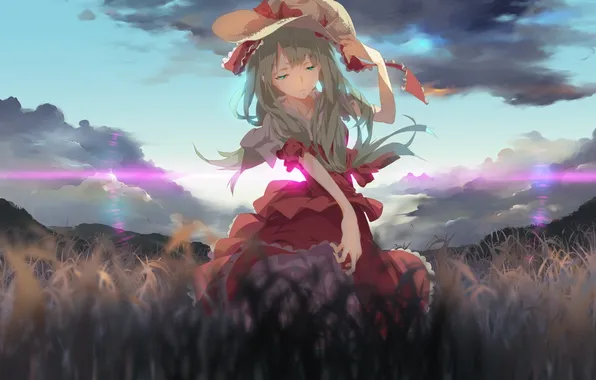 Picture the sky, girl, clouds, sunset, nature, hat, anime, art