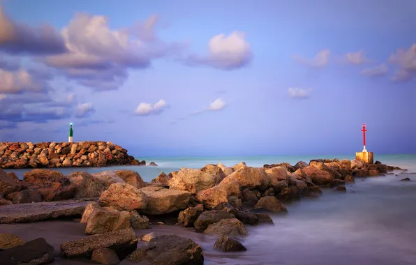 Sea, the sky, stones, lighthouse, Spain, Cape, Valencia, El Perello