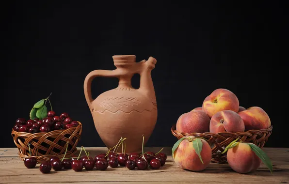 Picture table, pitcher, peaches, cherry, basket, ceramics