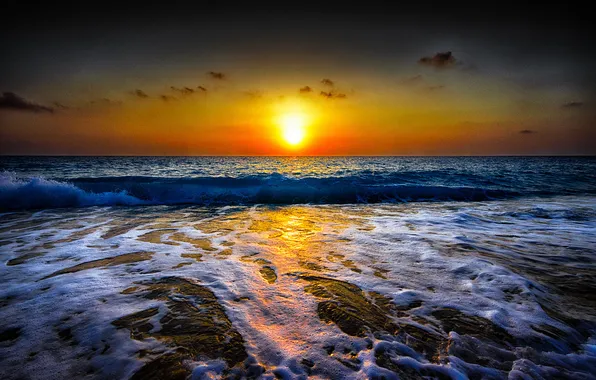 Sea, wave, the sky, clouds, landscape, sunset