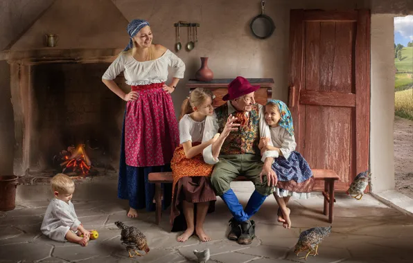 Picture children, house, people, grandfather, mother, chickens, Dmitry Usanin, Dmitry Yanin