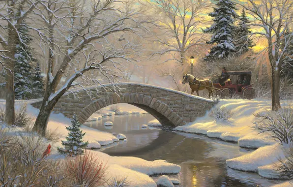 Winter, forest, snow, sunset, bridge, river, bird, horse