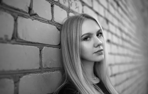 Wall, portrait, black and white, brick, Anya, Evgeny Smolsky