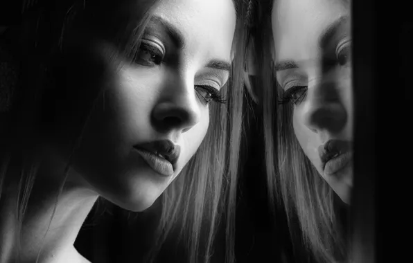 Face, reflection, model, portrait, makeup, hairstyle, black and white, beauty