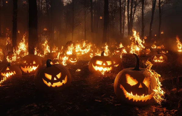 Autumn, forest, trees, fire, fire, flame, holiday, pumpkin