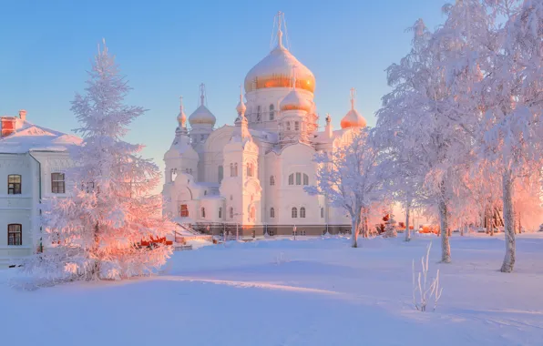 Picture winter, snow, trees, temple, Russia, frost, Perm Krai, Maxim Evdokimov