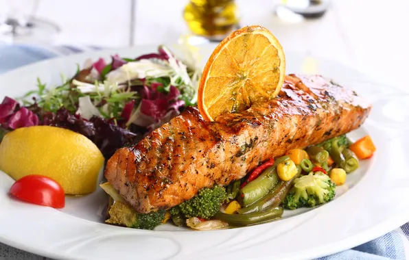 Lemon, fish, plate, vegetables, fried, baked, red fish