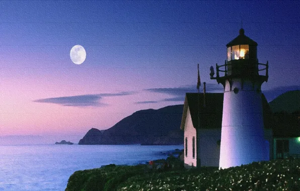 Moon, sunset, romantic, violet, lighthouse, sky blue, canvas, paint brush