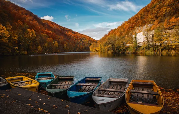Picture autumn, landscape, mountains, nature, river, boats, pier, forest