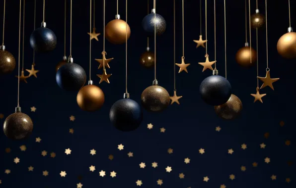 Balls, the dark background, Christmas, New year, black background, gold plated, Christmas decorations, Christmas decorations