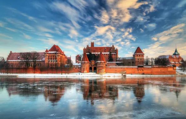 Ice, winter, the sky, clouds, lake, reflection, castle, Poland