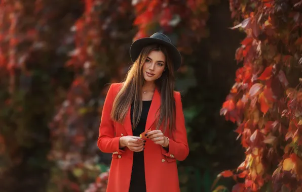 Autumn, girl, pose, hat, coat, Anastasia Barmina
