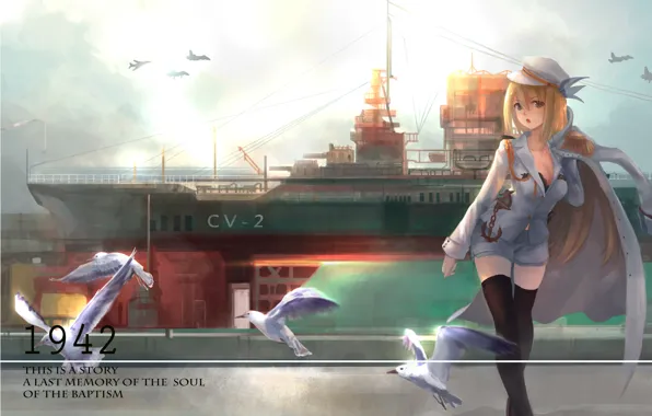 Picture the sky, girl, clouds, birds, ship, anime, art, aircraft