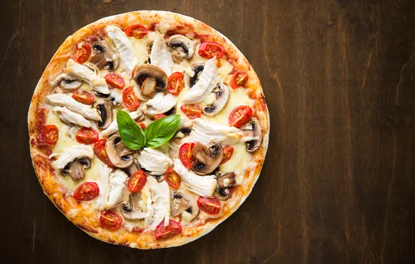 Mushrooms, cheese, meat, pizza, tomatoes, pizza, cheese, tomato