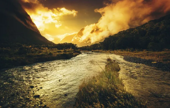 Picture grass, water, light, mountains, clouds, river