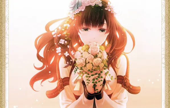 Red hair, wreath, straps, buckle, visual novel, cardia beckford, Code Realize, bouquet of roses