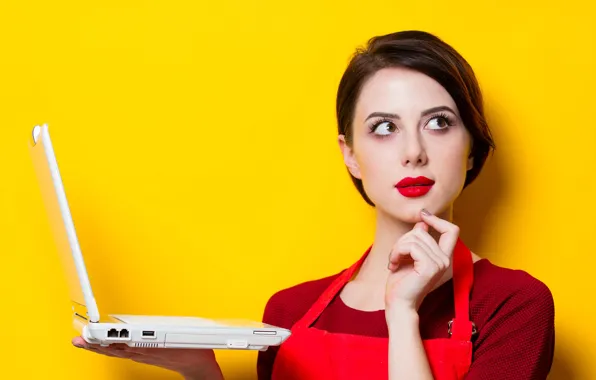 Picture girl, pose, yellow, background, wall, portrait, makeup, hairstyle