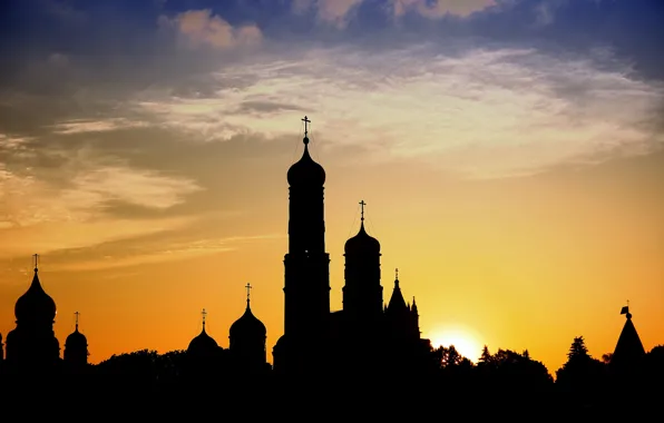 Picture landscape, sunset, the city, Church, tower, temple, Russia, silhouette