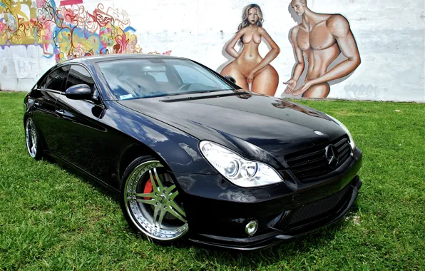 Picture grass, wall, lawn, black, tuning, Mercedes-Benz, CLS, drawings