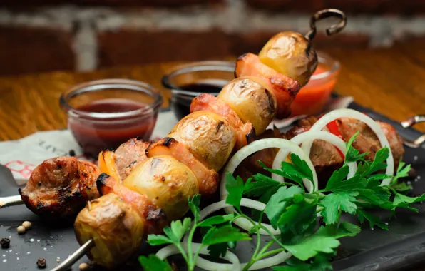 Greens, bow, meat, kebab, potatoes